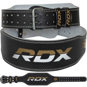 RDX 4 Inch Leather Weightlifting Gym Belt (Color: BLACK/GOLD, size: XL)
