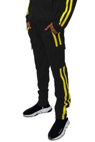 Two Stripe Cargo Pouch Track Pants (Color: black yellow, size: 2XL)