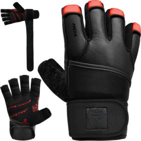 RDX L7 Weight Lifting Leather Gym Gloves (Color: RED/BLACK, size: S+)